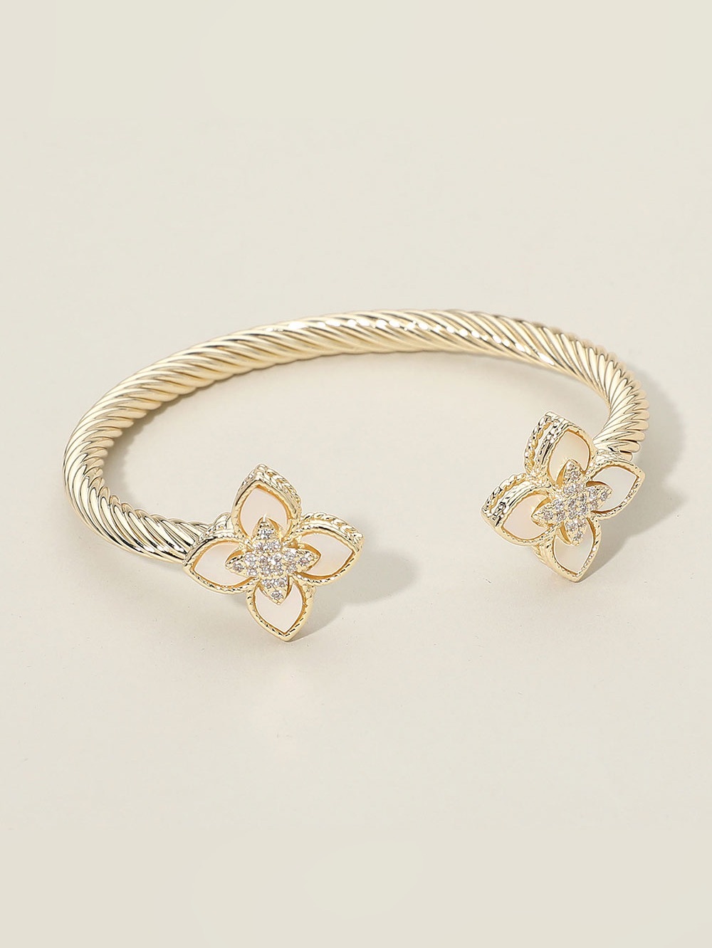 14K Gold Plated CZ Stone Paved Center Mother of Pearl Floral Clover Tip Twisted
